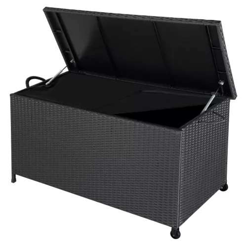 Kerti tároló láda, polyrattan, fekete, 117x53x60 cm, kerekekkel, fogantyúval