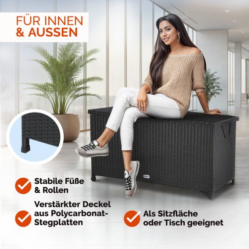 Kerti tároló láda, polyrattan, fekete, 117x53x60 cm, kerekekkel, fogantyúval