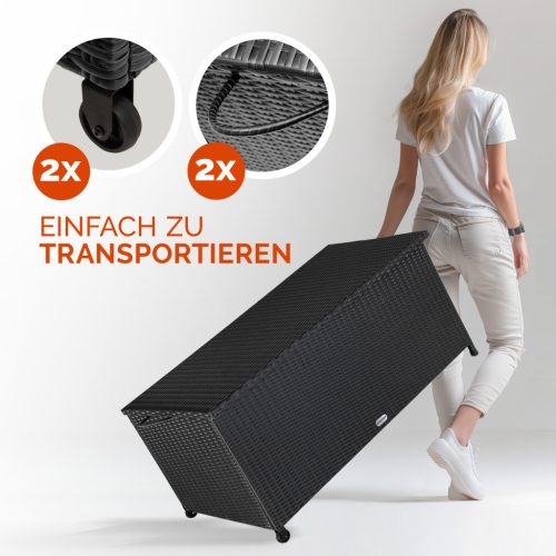 Kerti tároló láda, polyrattan, fekete, 117x53x60 cm, kerekekkel, fogantyúval