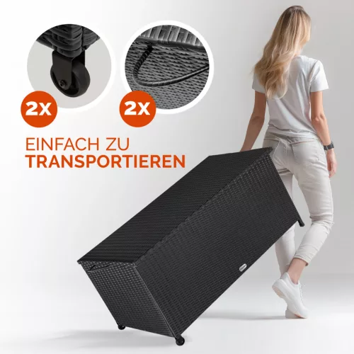 Kerti tároló láda, polyrattan, fekete, 117x53x60 cm, kerekekkel, fogantyúval