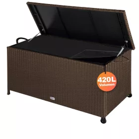 Kerti tároló láda, polyrattan, barna, 117 x 53 x 60 cm, kerekekkel, fogantyúval