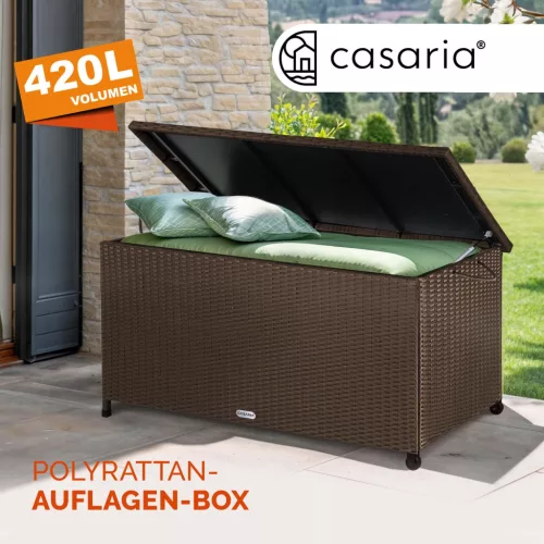 Kerti tároló láda, polyrattan, barna, 117 x 53 x 60 cm, kerekekkel, fogantyúval