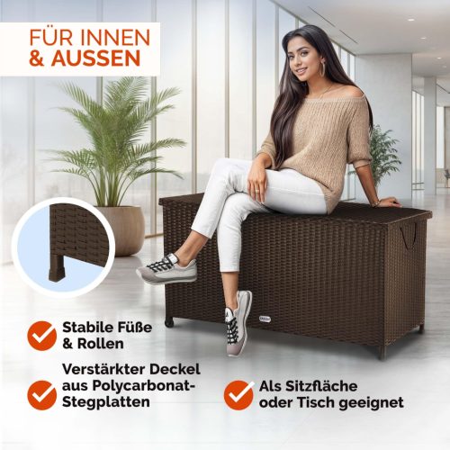 Kerti tároló láda, polyrattan, barna, 117 x 53 x 60 cm, kerekekkel, fogantyúval