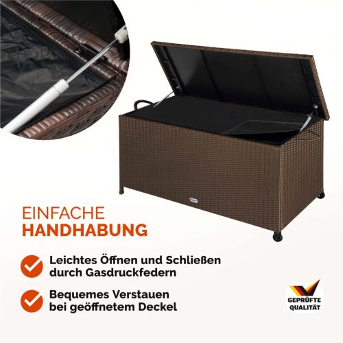 Kerti tároló láda, polyrattan, barna, 117 x 53 x 60 cm, kerekekkel, fogantyúval