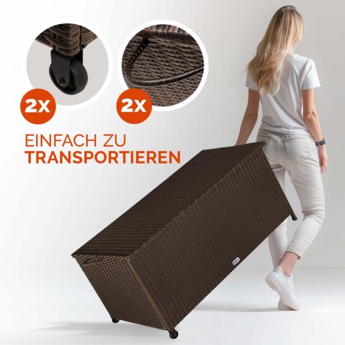 Kerti tároló láda, polyrattan, barna, 117 x 53 x 60 cm, kerekekkel, fogantyúval