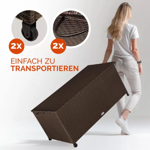 Kerti tároló láda, polyrattan, barna, 117 x 53 x 60 cm, kerekekkel, fogantyúval