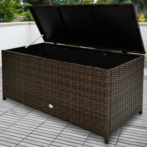 Kerti tároló láda, polyrattan, barna, 117 x 53 x 60 cm, kerekekkel, fogantyúval