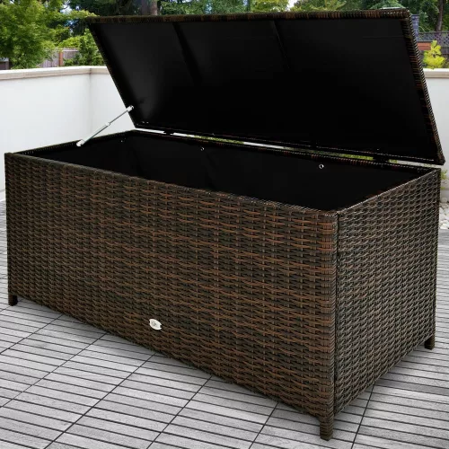 Kerti tároló láda, polyrattan, barna, 117 x 53 x 60 cm, kerekekkel, fogantyúval
