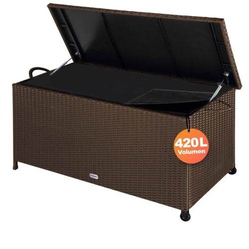 Kerti tároló láda, polyrattan, barna, 117 x 53 x 60 cm, kerekekkel, fogantyúval