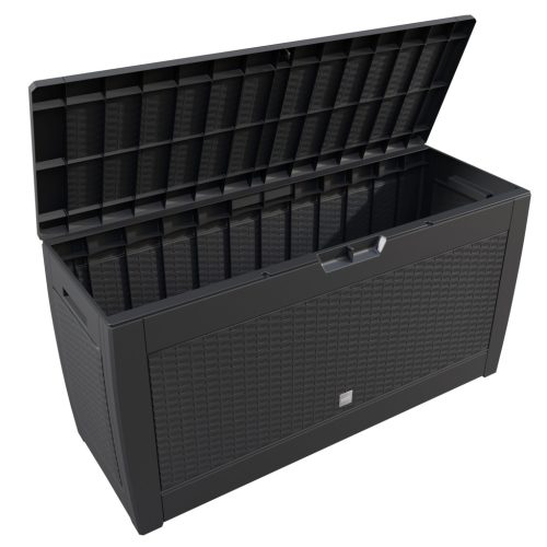 Kerti tároló láda, antracit, 310 liter, rattan hatású, vízzálló