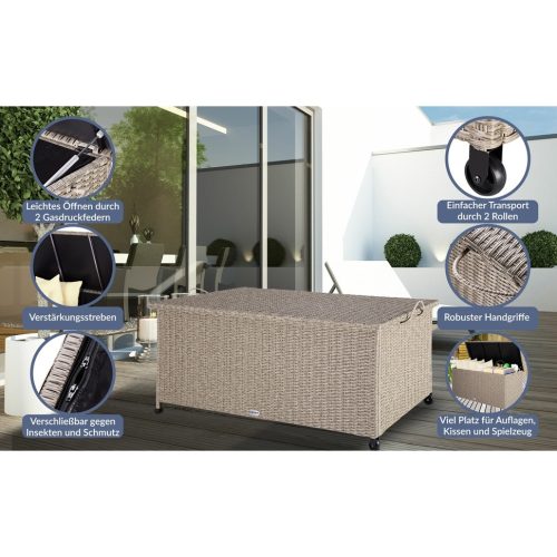 Kerti tároló láda, kerekekkel, polyrattan, krém, 117x53x60 cm