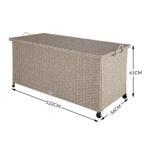 Kerti tároló láda, kerekekkel, polyrattan, krém, 117x53x60 cm