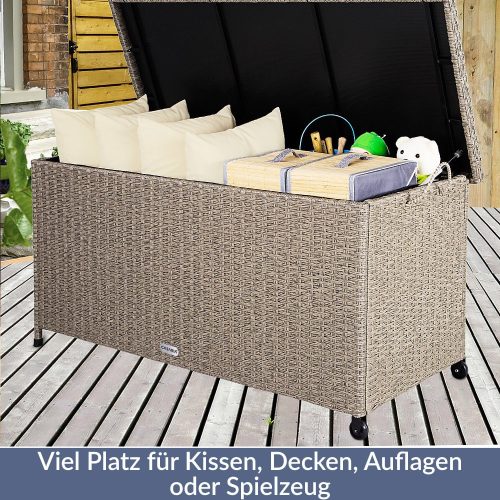 Kerti tároló láda, kerekekkel, polyrattan, krém, 117x53x60 cm