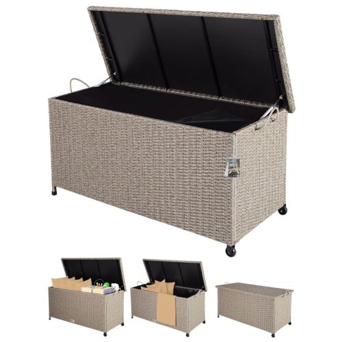 Kerti tároló láda, kerekekkel, polyrattan, krém, 117x53x60 cm