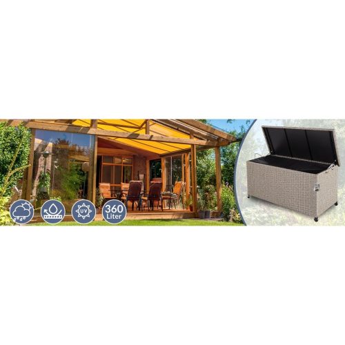 Kerti tároló láda, kerekekkel, polyrattan, krém, 117x53x60 cm