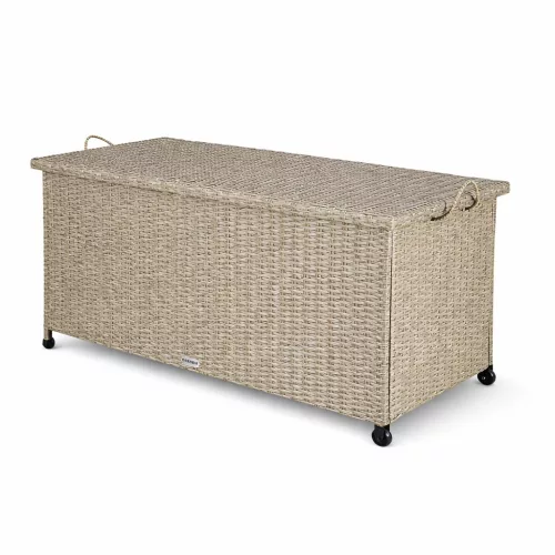 Kerti tároló láda, kerekekkel, polyrattan, krém, 117x53x60 cm