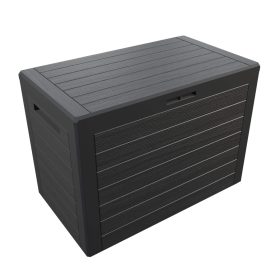   Kerti tároló láda, 190 liter, antracit, fa hatású, vízzáró, zárható