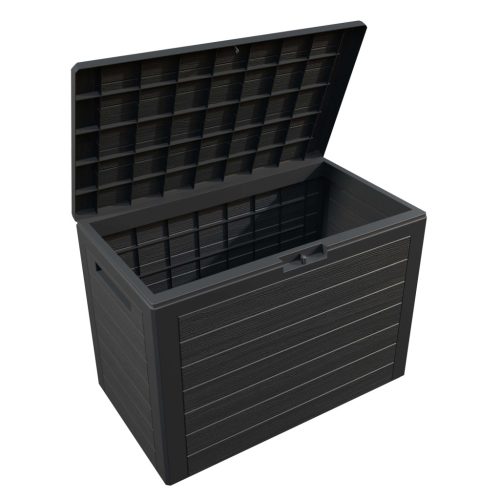 Kerti tároló láda, 190 liter, antracit, fa hatású, vízzáró, zárható