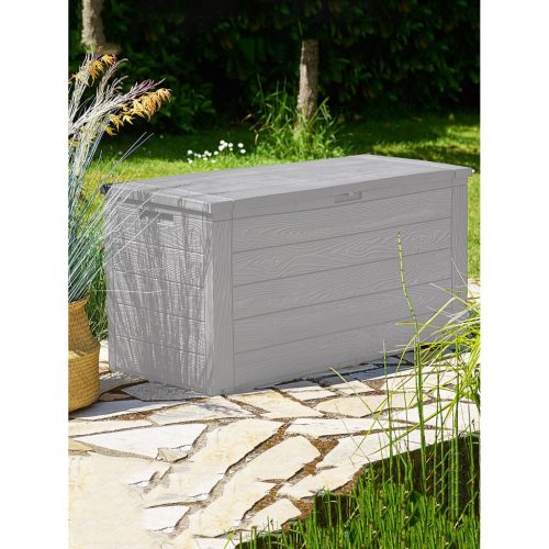 Kerti tároló láda, 280 liter, szürke, fa hatású, vízzáró