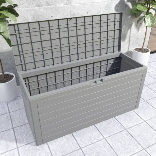 Kerti tároló láda, 280 liter, szürke, fa hatású, vízzáró