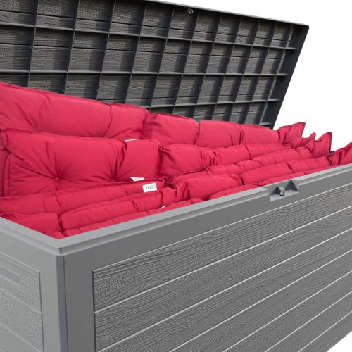 Kerti tároló láda, 280 liter, szürke, fa hatású, vízzáró