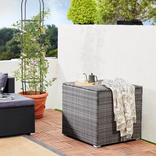 Kerti tároló láda, polyrattan, szürke, 318 liter, vízzáró, belső burkolattal