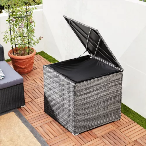 Kerti tároló láda, polyrattan, szürke, 318 liter, vízzáró, belső burkolattal
