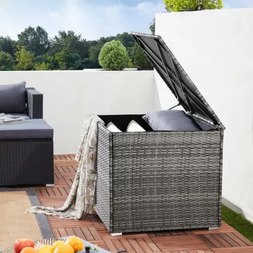 Kerti tároló láda, polyrattan, szürke, 318 liter, vízzáró, belső burkolattal