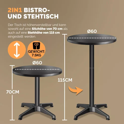 2 db állóasztal, összecsukható, alumínium, fekete, 60 cm, 70115 cm