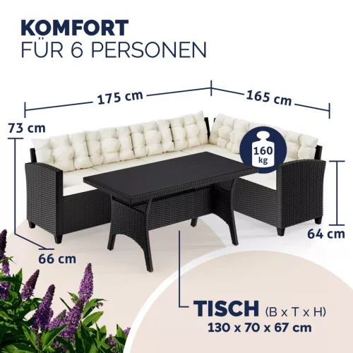 Polyrattan ülőgarnitúra, fekete és krém, WPC asztallap