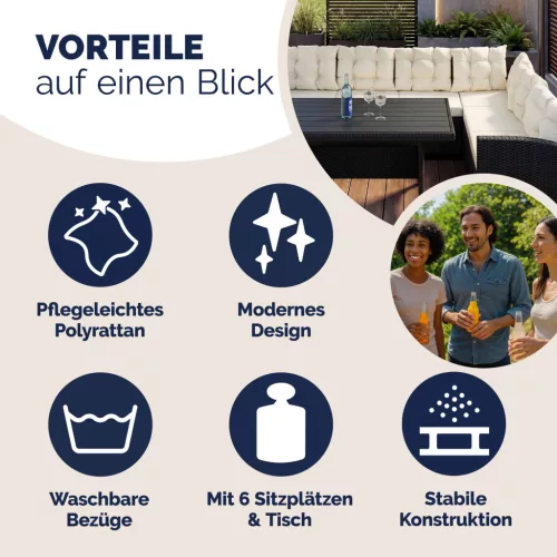 Polyrattan ülőgarnitúra, fekete és krém, WPC asztallap