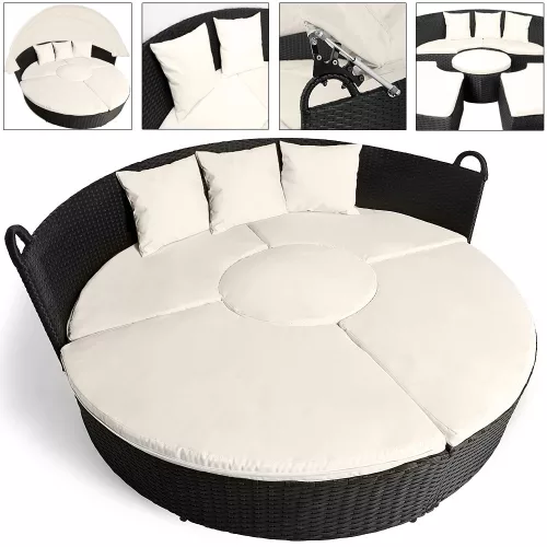 Napozósziget, polyrattan, fekete és krém, Ø185 cm