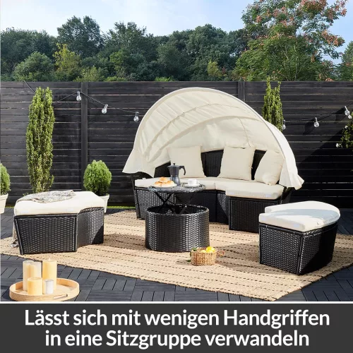 Napozósziget, polyrattan, fekete és krém, Ø185 cm