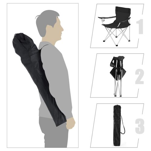 2db Kemping szék, fekete, karfás, pohártartóval, 120 kg-ig terhelhető