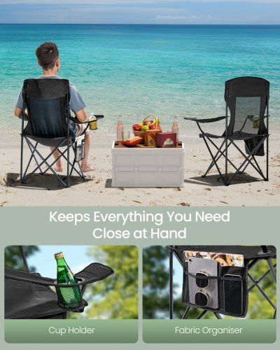 Kemping székek 2 db, összecsukható kültéri székek, magas háttámla, fekete