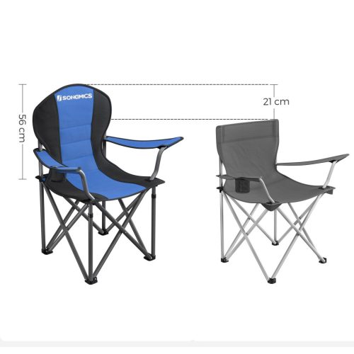 Kemping szék, fekete és kék, szivaccsal bélel ülőfelület, 250 kg-ig terhelhető
