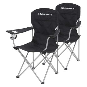   2db Kemping szék, fekete, pohártartóval, 150 kg-ig terhelhető
