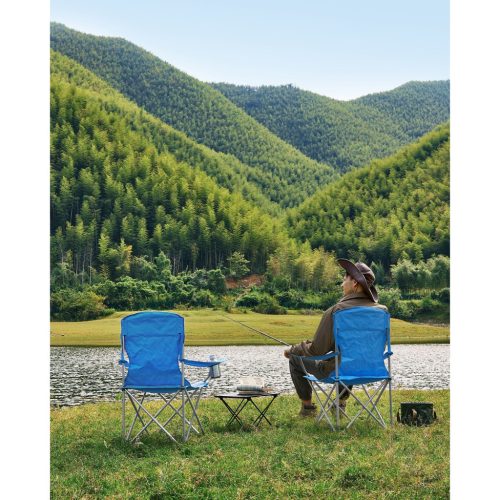 2db Kemping szék, kék, kényelmes, pohártartóval, 150 kg-ig terhelhető
