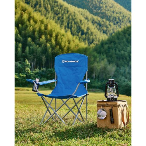 2db Kemping szék, kék, kényelmes, pohártartóval, 150 kg-ig terhelhető