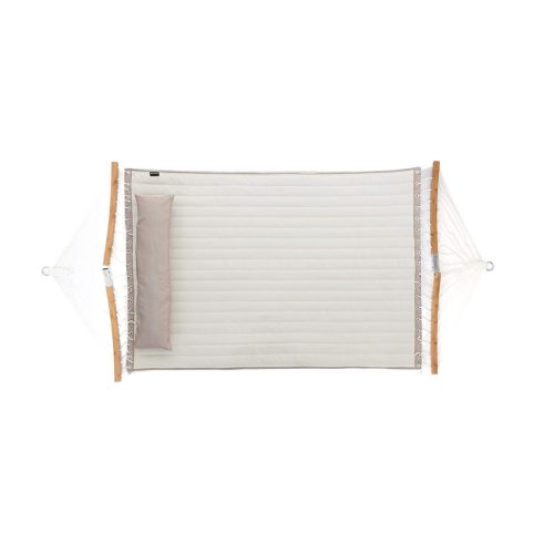 Párnázott dupla hintaágy, levehető ívelt bambusz rúddal, krém és bézs