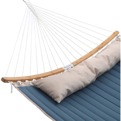 Párnázott dupla hintaágy, levehető ívelt bambusz rúddal, kék és bézs