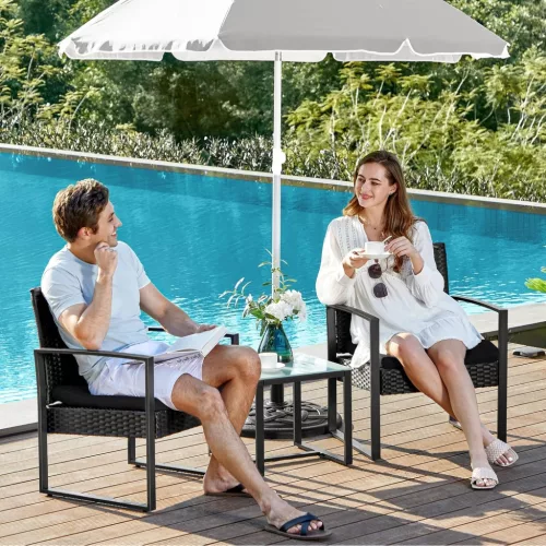 Kerti bútor szett, polyrattan, 2 szék és 1 asztal, fekete