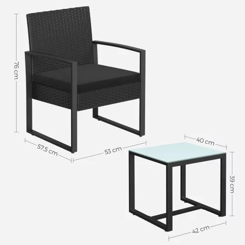 Kerti bútor szett, polyrattan, 2 szék és 1 asztal, fekete