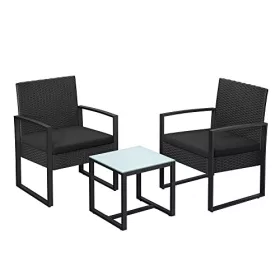 Kerti bútorszett, terasz ülőgarnitúra, polyrattan, asztal és 2 szék, fekete