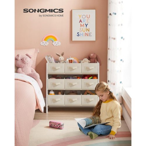 Játék tároló polc gyerekszobába, 9 szövet fiókkal, felhő fehér 30x63x60cm