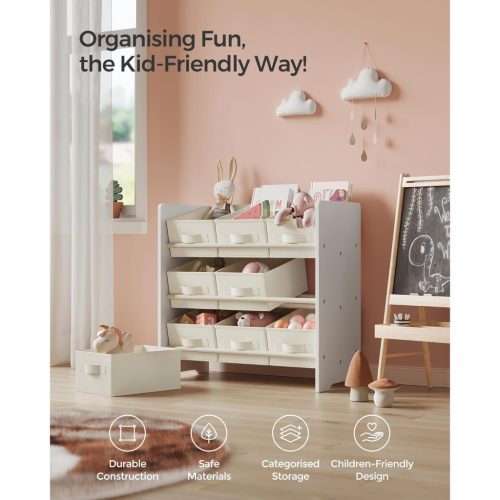 Játék tároló polc gyerekszobába, 9 szövet fiókkal, felhő fehér 30x63x60cm