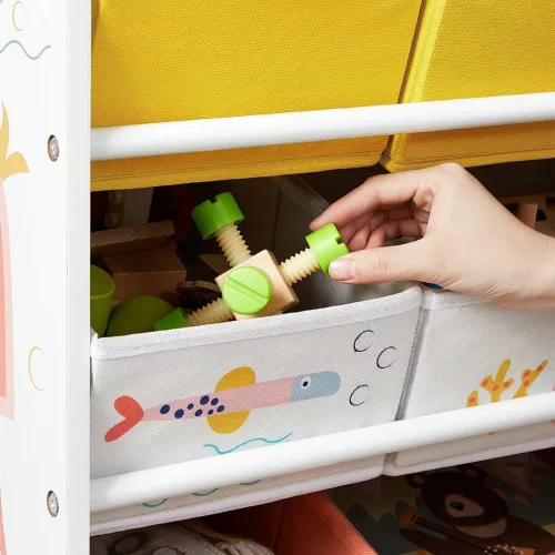 Játék rendszerező, tároló polc 12 szövet dobozzal, fehér