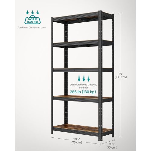 SONGMICS Polcos állvány, 30 x 75 x 150 cm, 650 kg teherbírás (130 kg polconként), ipari