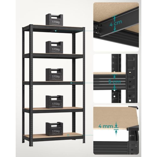 Polcos állvány, 875kg polconkénti teherbírással, fekete 180x90x40cm