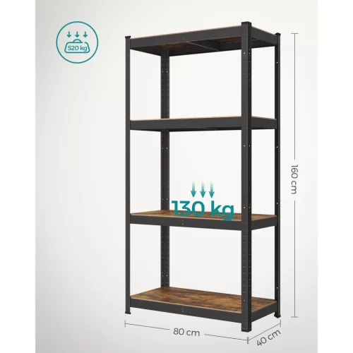 Polcos állvány, 130kg polconkénti teherbírással, rusztikus barna-fekete 160x80x40cm